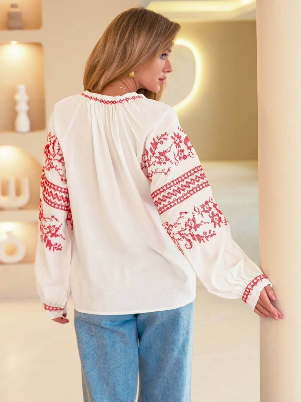 White and red Ukraine embroidered blouse Vyshyvanka