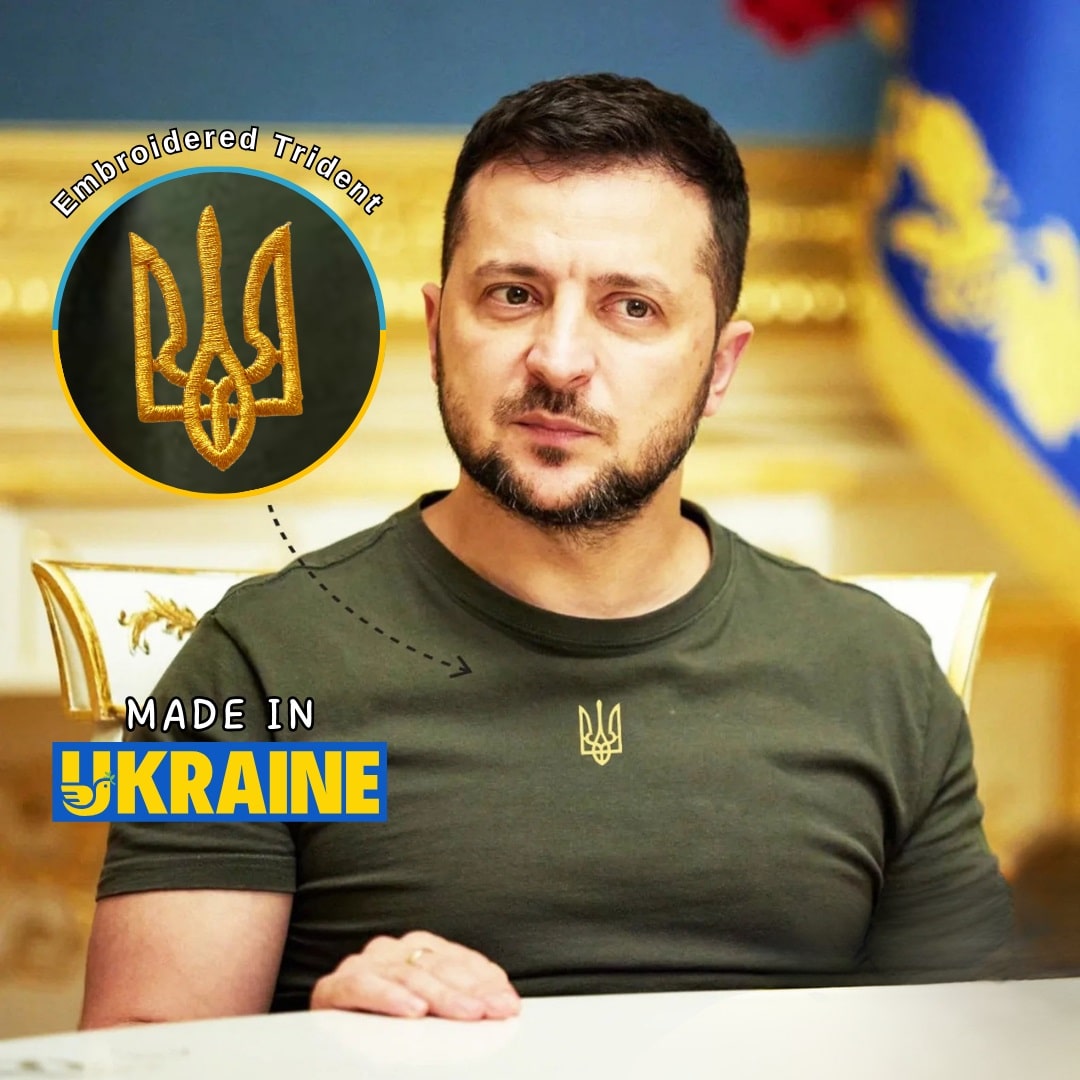 Ukraine Zelensky T Shirt With Embroidered Trident
