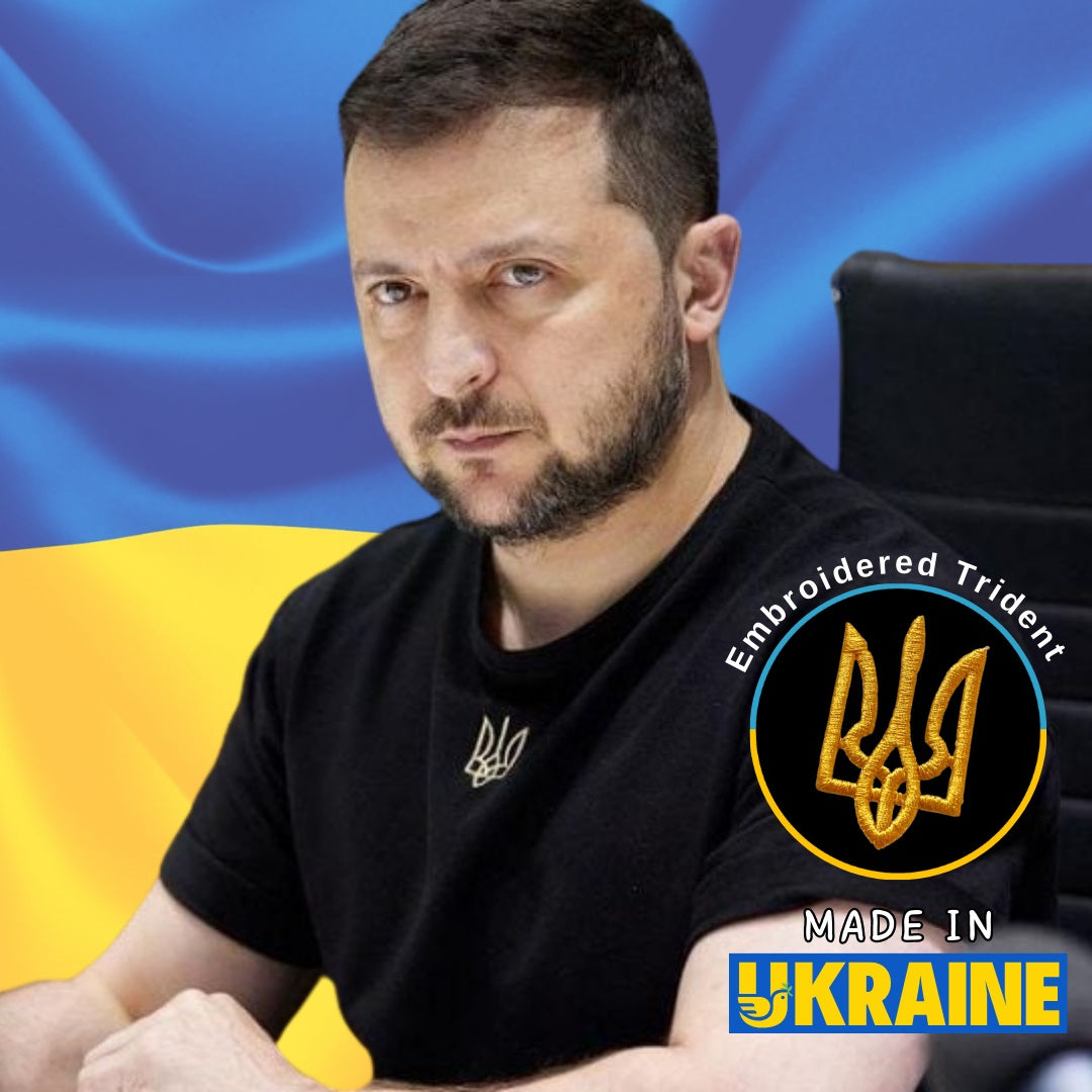 Zelensky T Shirt With Embroidered Tryzub  Ukraine