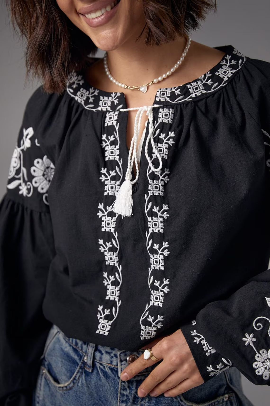 Black Ukrainian Vyshyvanka blouse (White ornament)